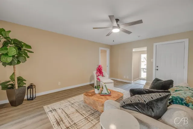 a living room with furniture and a potted plant