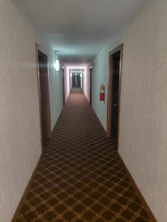a view of a hallway with wooden floor and closet