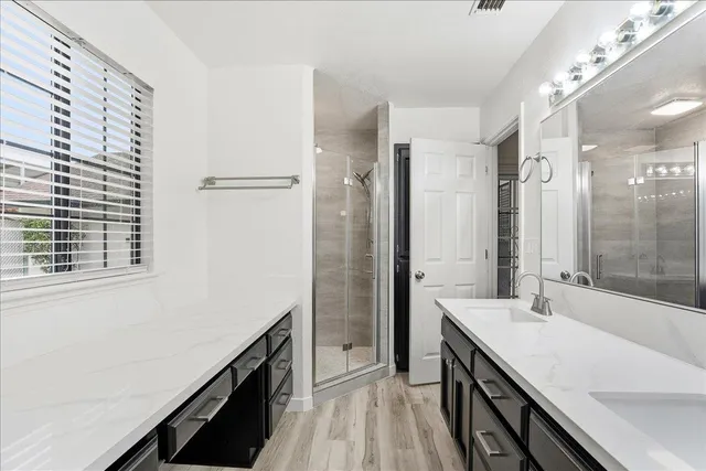 a bathroom with a sink a shower and a mirror