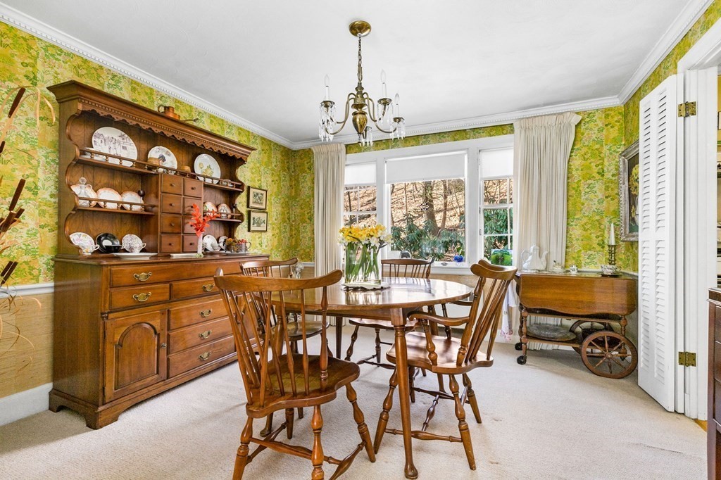 177 Varick Road Newton, MA 02468 - Photo 5 of 29 a dining room with furniture a chandelier and a rug