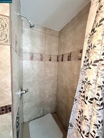 a bathroom with a shower and a toilet