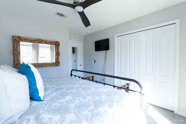 a view of a room with a large window