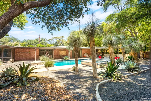 a view of a patio with table and chairs potted plants and large tree
