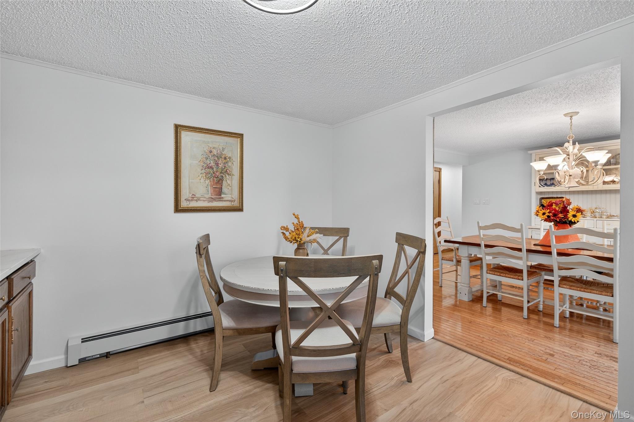 7 Colleen Lane Wallkill, NY 12589 - Photo 19 of 39 Dining room with light wood-style floors, baseboard heating, a textured ceiling, ornamental molding, and a chandelier