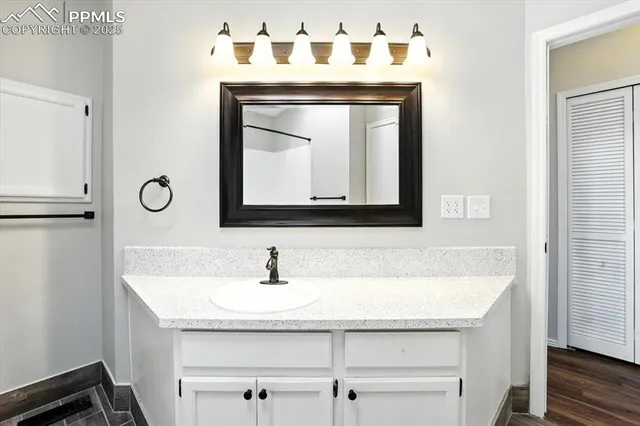 a bathroom with a sink vanity and a mirror
