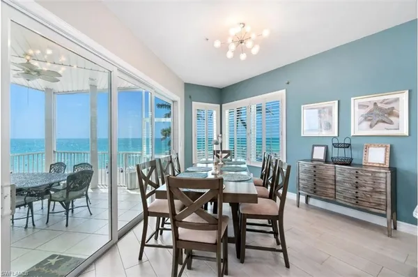 a view of a dining room with furniture window and outside view