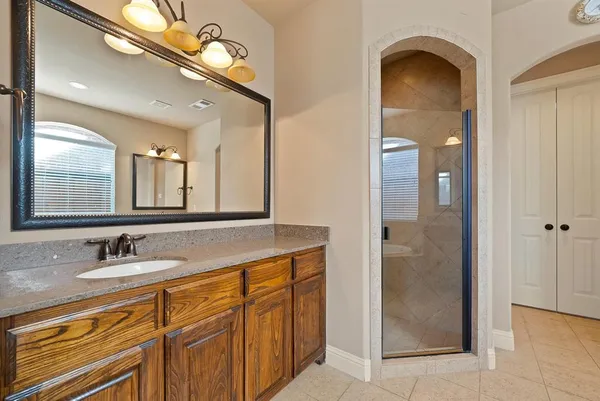 a bathroom with a sink a mirror and a shower