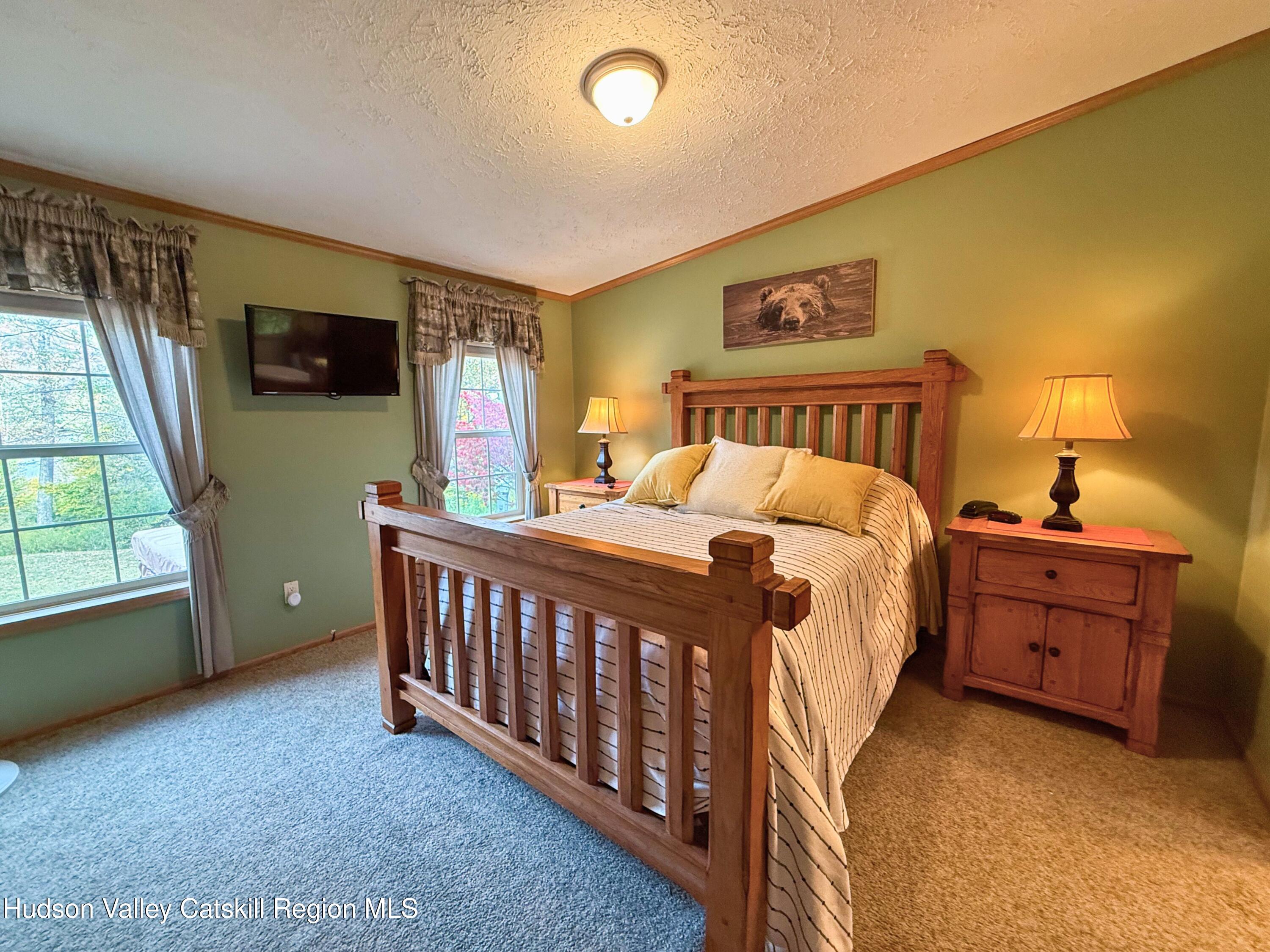 766 Hog Mountain Circle Fleischmanns, NY 12430 - Photo 16 of 31 a bedroom with a bed and a flat screen tv