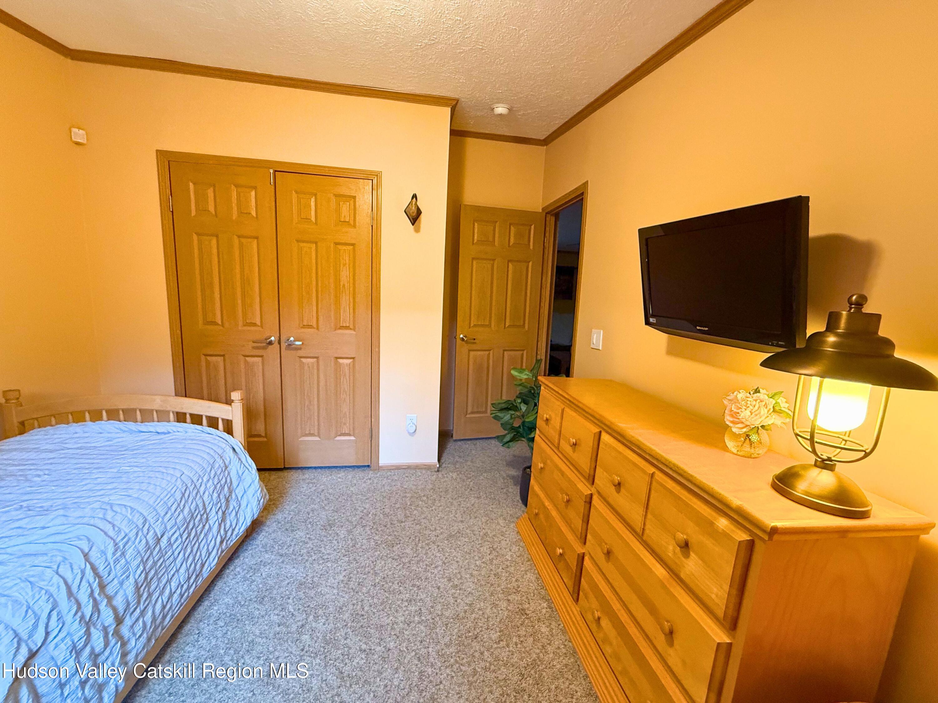 766 Hog Mountain Circle Fleischmanns, NY 12430 - Photo 22 of 31 a bedroom with a bed and flat screen tv