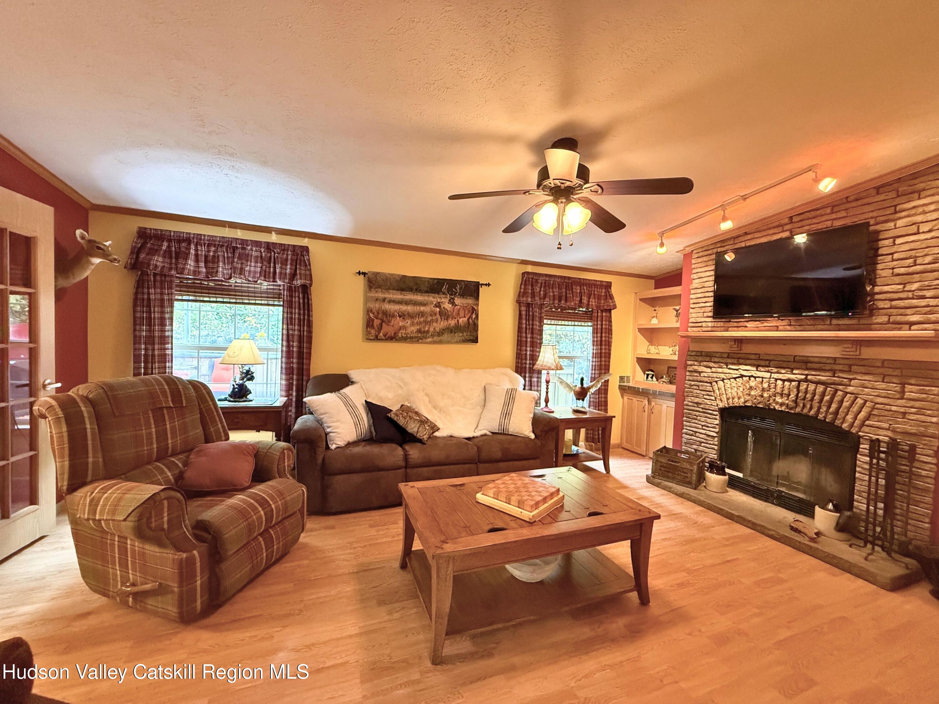 766 Hog Mountain Circle Fleischmanns, NY 12430 - Photo 7 of 31 a living room with furniture a flat screen tv and a fireplace
