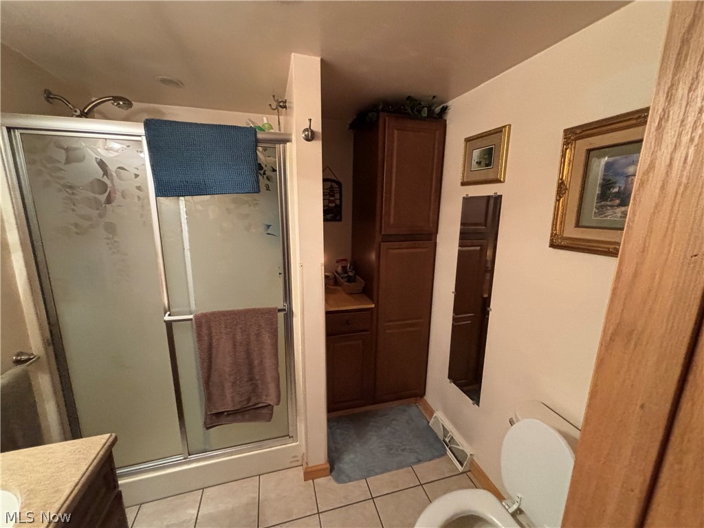 2417 Mc Adoo Ridge Road Wellsburg, WV 26070 - Photo 15 of 33 Bathroom featuring walk in shower, vanity, toilet, and tile floors