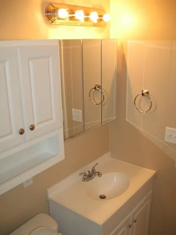 a bathroom with a sink and a mirror