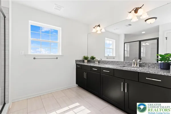 a kitchen with a granite countertop sink a potted plant and wooden cabinets