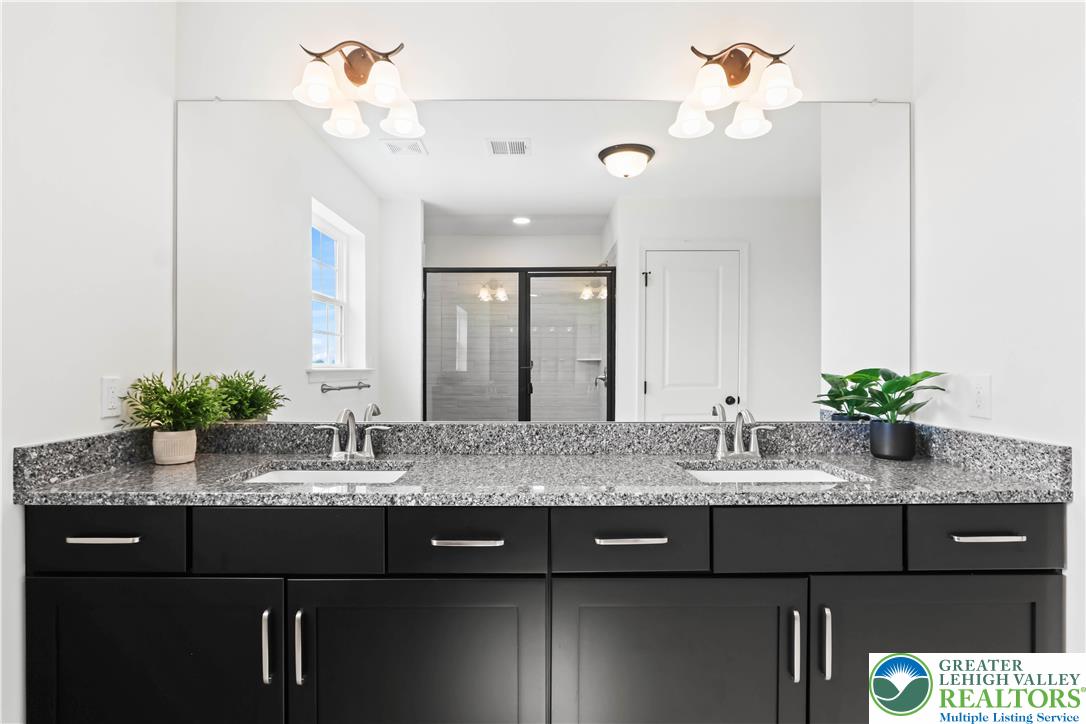 4450 Maple Street, Unit 2 Schnecksville, PA 18078 - Photo 22 of 45 a kitchen with a granite countertop sink a potted plant and wooden cabinets