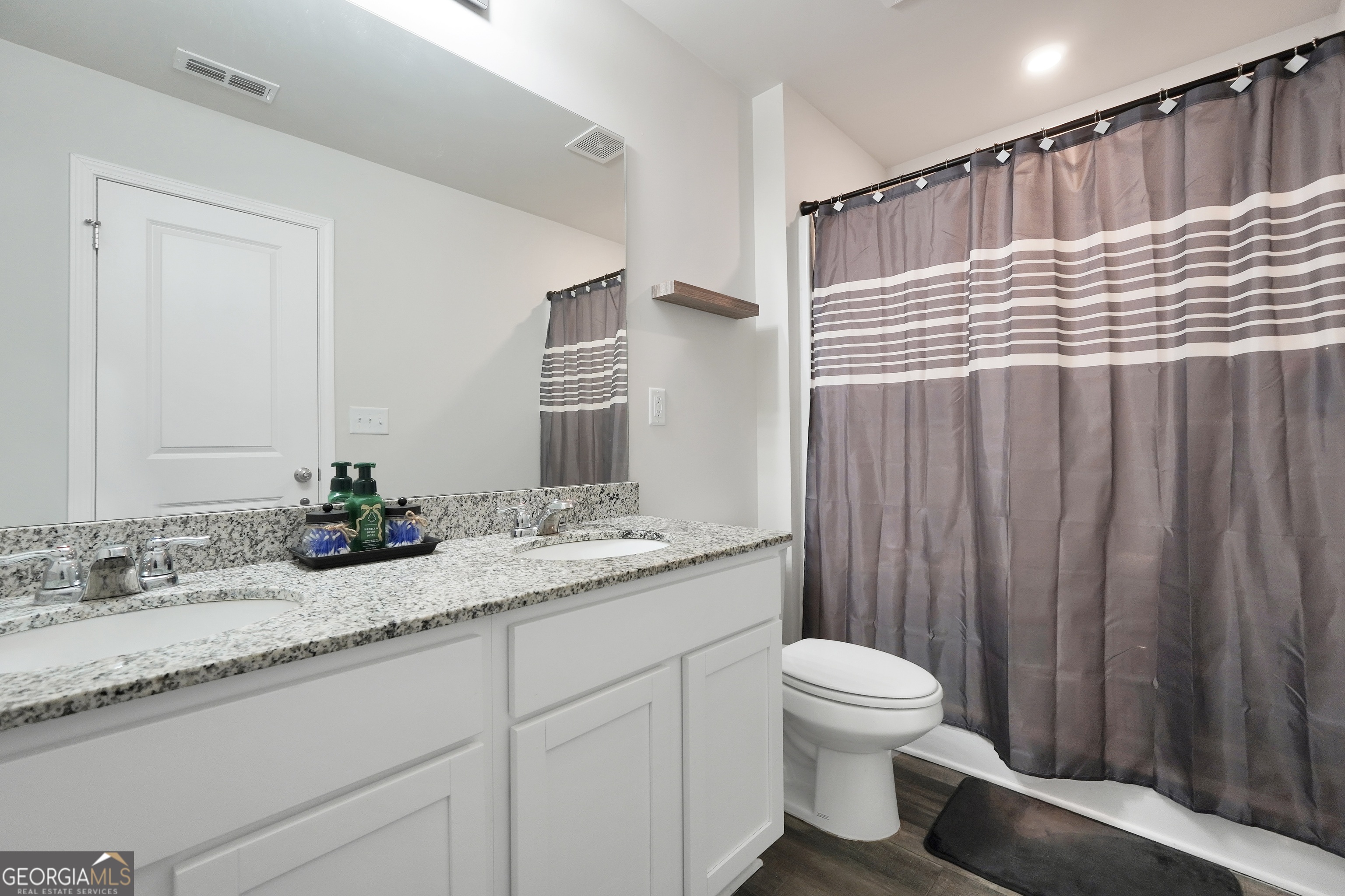 140 Catalpa Road Milner, GA 30257 - Photo 21 of 32 a bathroom with a granite countertop sink a toilet and a mirror