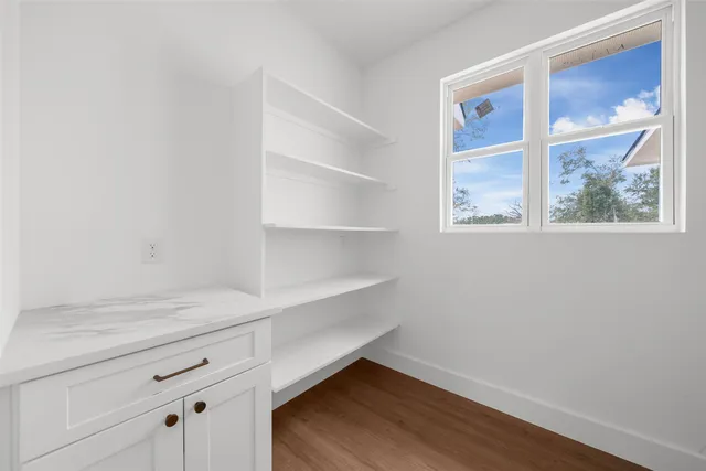 a view of storage and utility room with wooden floor