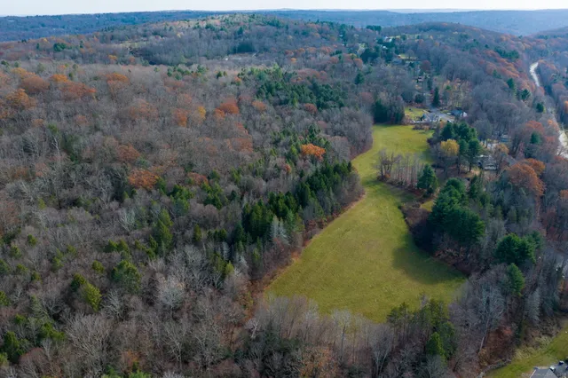 an aerial view of a residential houses with outdoor space and trees