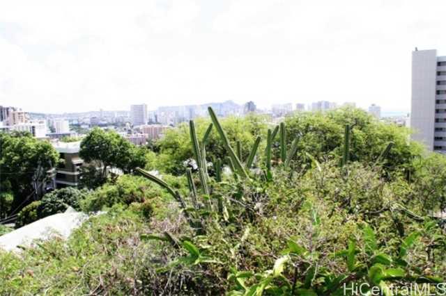 a view of a city with lush green forest