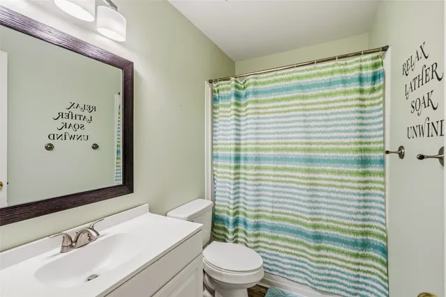 a bathroom with a sink a toilet and shower curtain