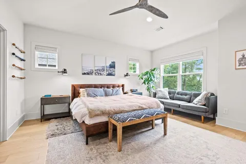 a living room with a couch and a potted plant