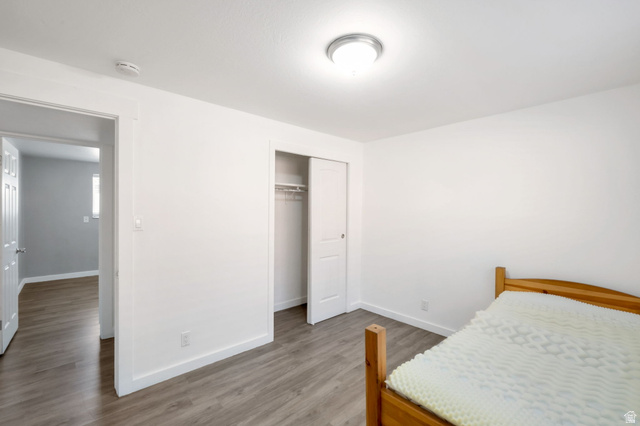 434 South 700 West, Unit 2 Provo, UT 84601 - Photo 12 of 15 Bright room featuring wood-finish flooring, a flush-mount ceiling light fixture, and a spacious closet with sliding doors