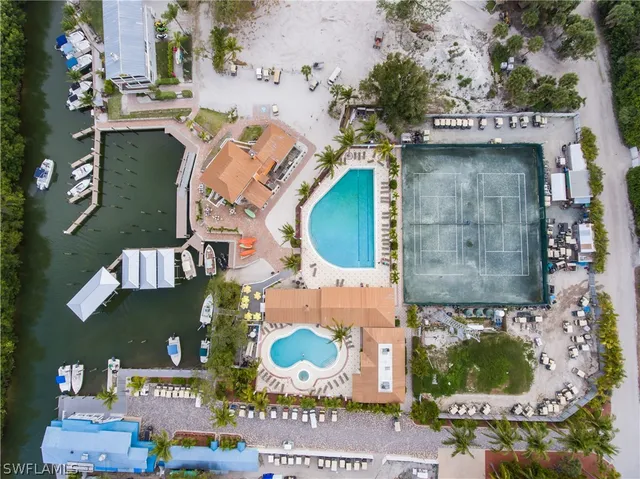 an aerial view of a swimming pool