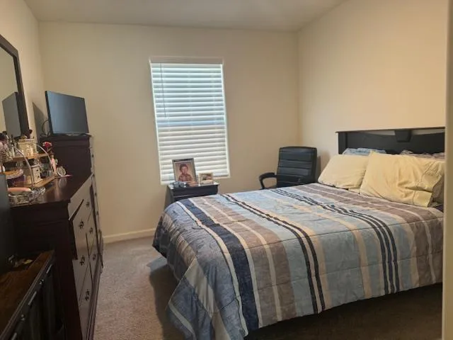 a bedroom with a bed tv and a window