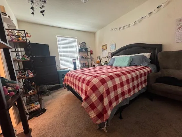 a bedroom with a bed and a flat tv screen on the dresser