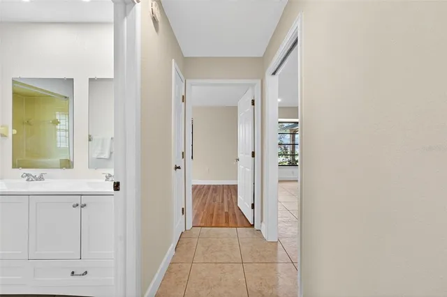 a view of a bathroom from the hallway
