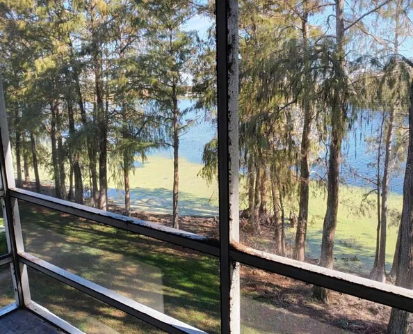 a view of swimming pool from a window