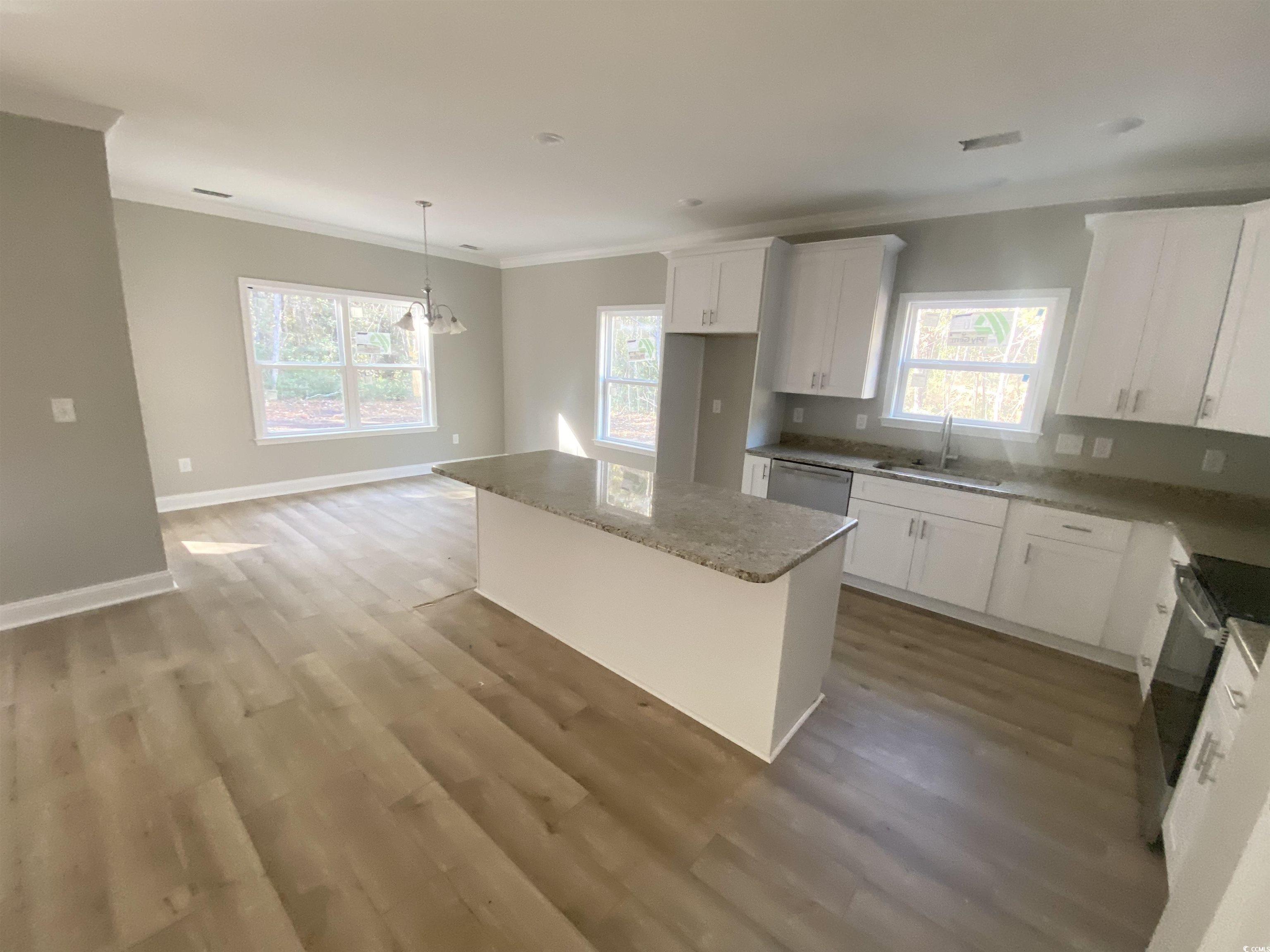 5553 Grape Arbor Lane Myrtle Beach, SC 29588 - Photo 3 of 35 Kitchen with white cabinets, a kitchen island, light stone countertops, appliances with stainless steel finishes, and light wood finished floors