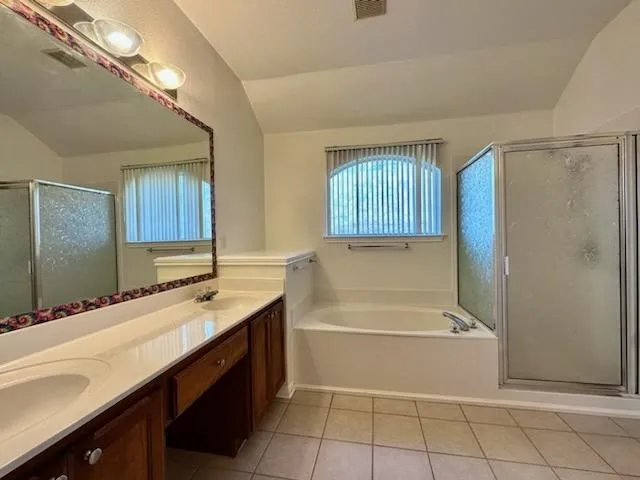 a bathroom with a tub sink and mirror