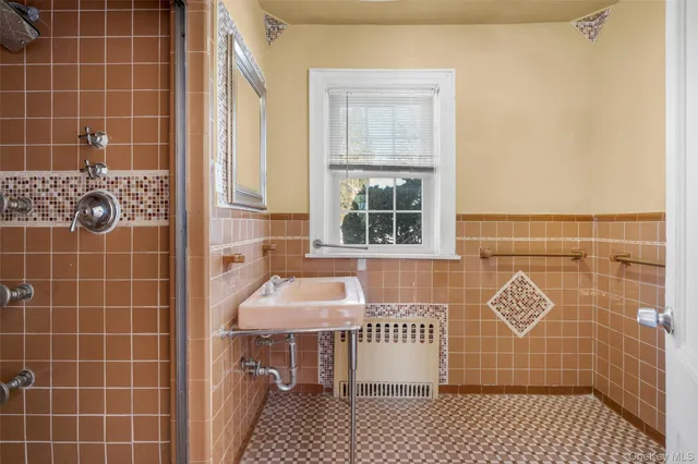 a bathroom with a sink and a shower