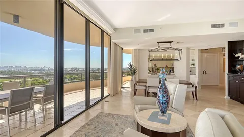 a living room with furniture and a floor to ceiling window