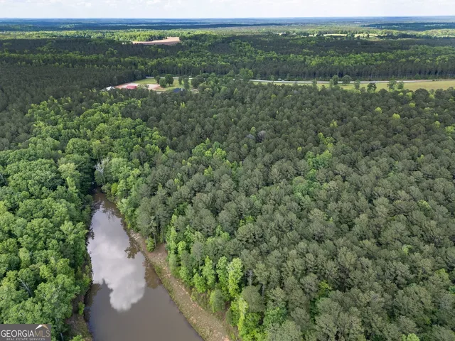 a view of a lake in between two trees