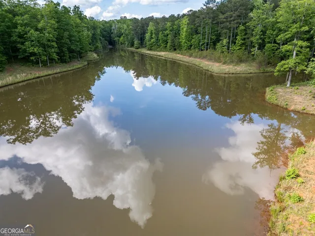 a view of a lake with a yard and trees