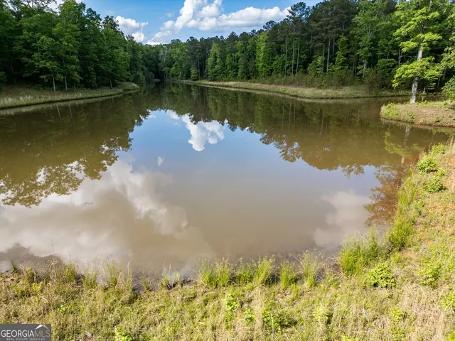 a view of a lake with houses in the back