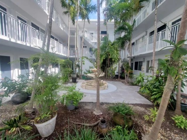 a view of a patio with plants and potted plants