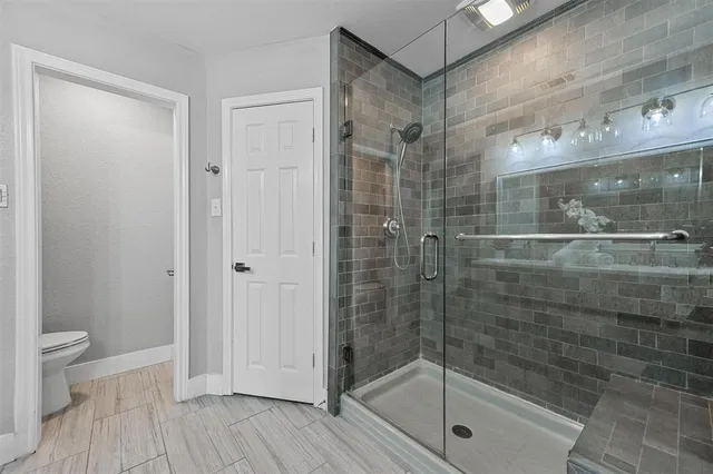 a bathroom with a shower and a toilet