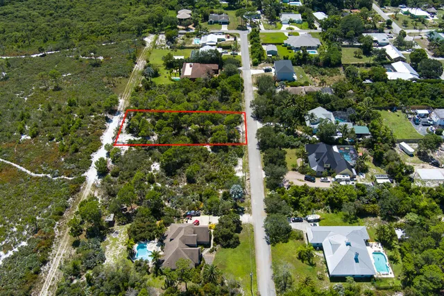 an aerial view of residential houses with outdoor space and trees