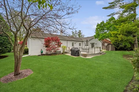 a view of a house with backyard and a tree