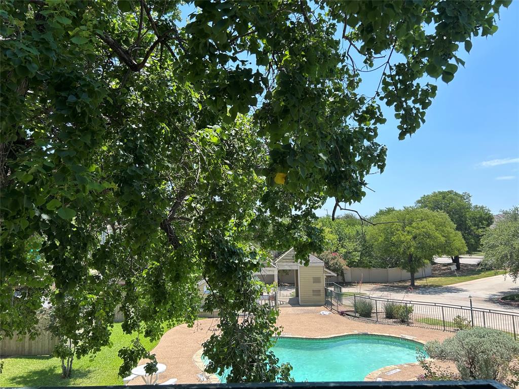 4107 Esters Road Irving, TX 75038 - Photo 17 of 21 Outdoor swimming pool with pebble-finish decking, surrounded by a metal fence and mature landscaping