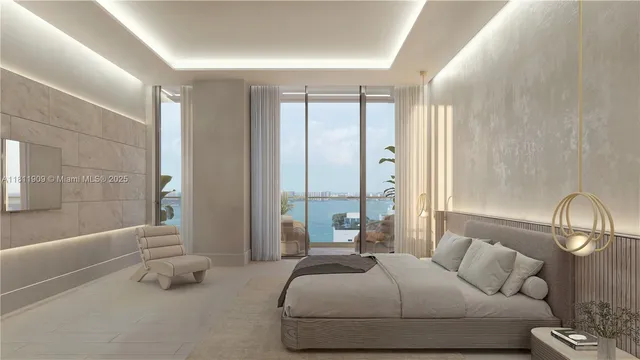 a spacious bedroom with a bed and glass door