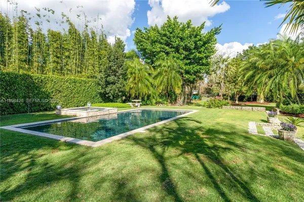 a view of a swimming pool with a yard