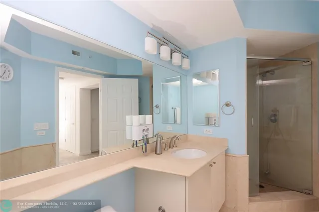 a bathroom with a sink a mirror and a shower