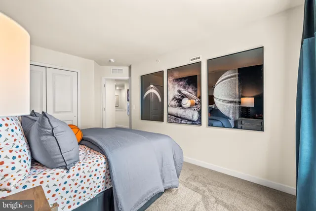 a bedroom with a bed and walk in closet