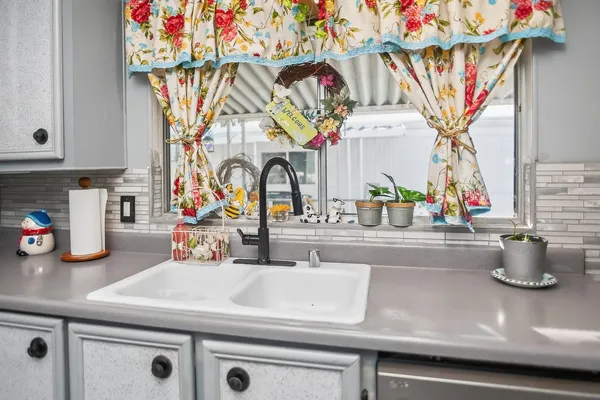 a kitchen with a sink and a potted plant