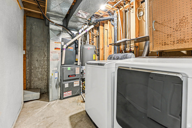 34 Benchmark Village Tooele, UT 84074 - Photo 24 of 35 Laundry area with unfinished concrete floors, gas water heater, independent washer and dryer, and heating unit