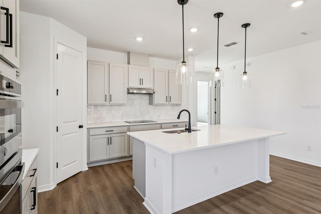 6673 Wake Street St. Cloud, FL 34771 - Photo 9 of 44 a kitchen with stainless steel appliances granite countertop a sink a stove a refrigerator and white cabinets with wooden floor