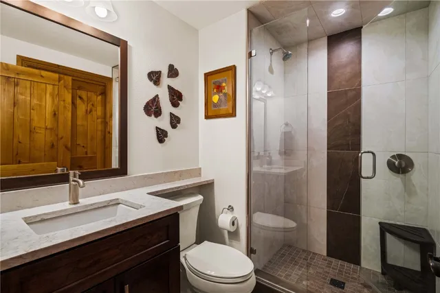 a bathroom with a sink a toilet a shower and a mirror